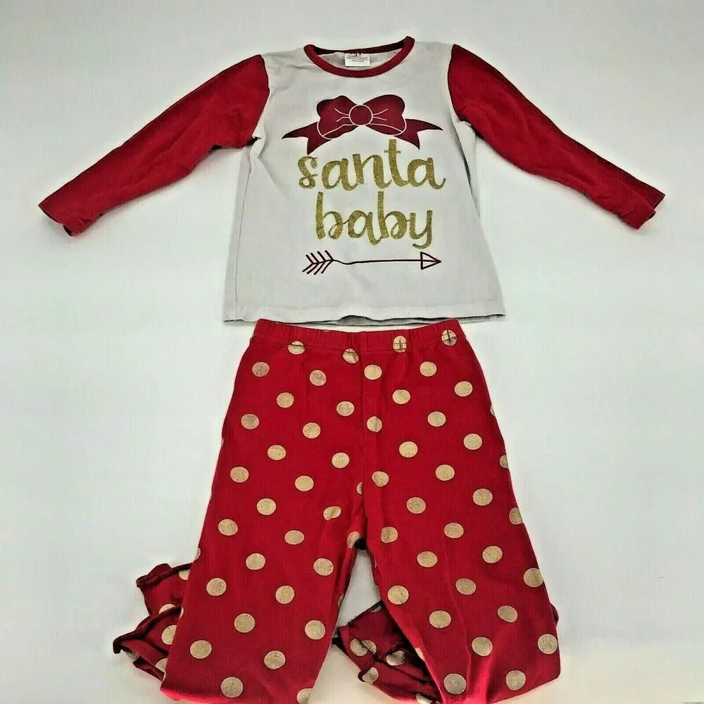 Unbranded Girls PJs Pajamas Set Santa Baby Polka Dot Ruffle Bell Bottoms Sz L